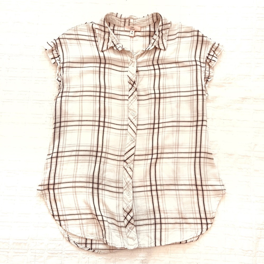 Como Vintage Ruffle edged Sleevesless Plaid Blouse EUC